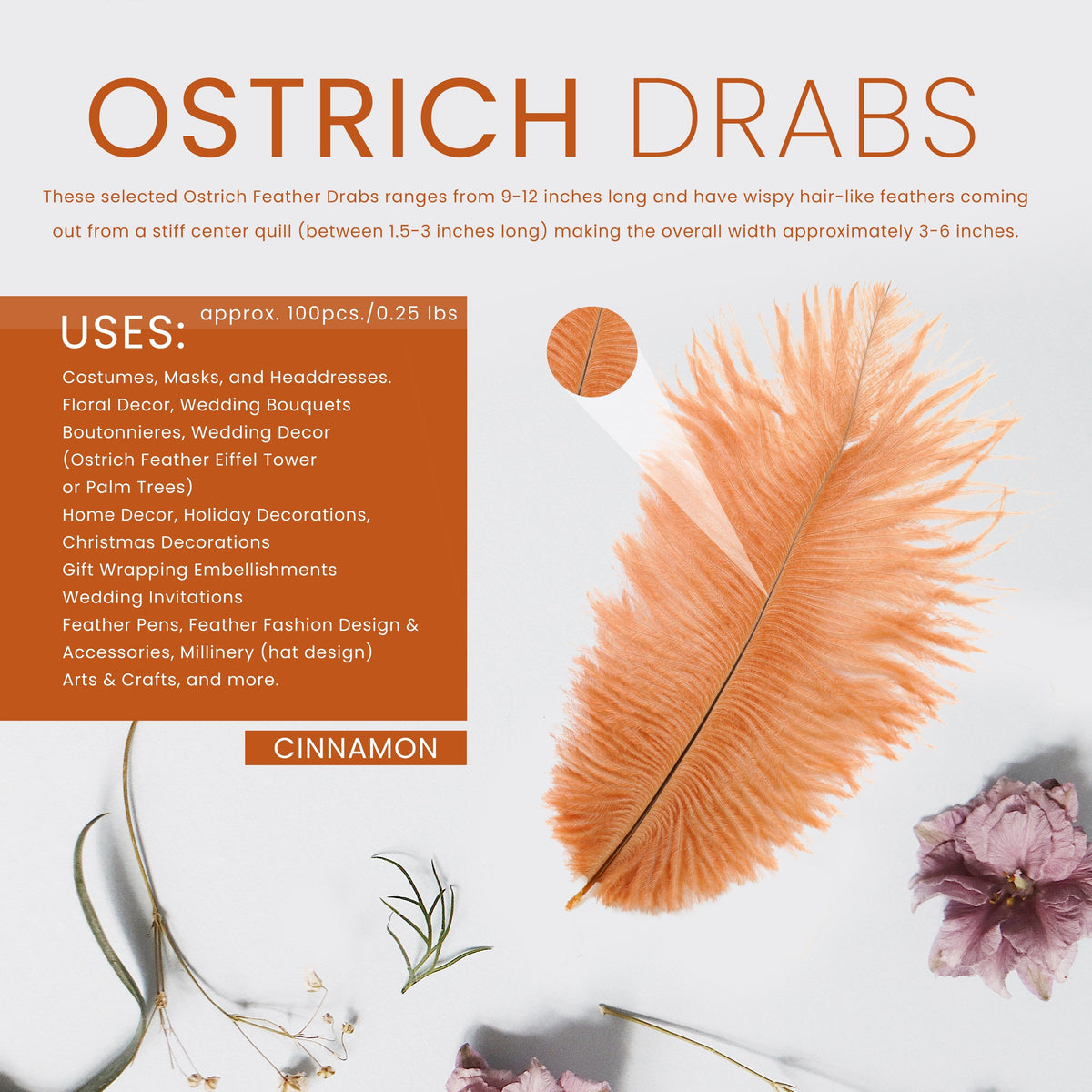 Ostrich Feathers 9-12" Drabs - Cinnamon