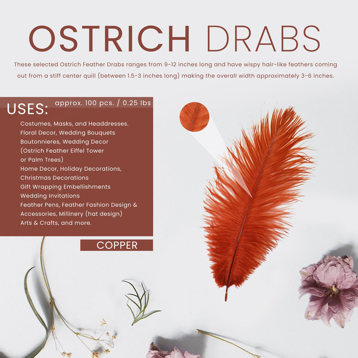 Ostrich Feathers 9-12" Drabs - Copper