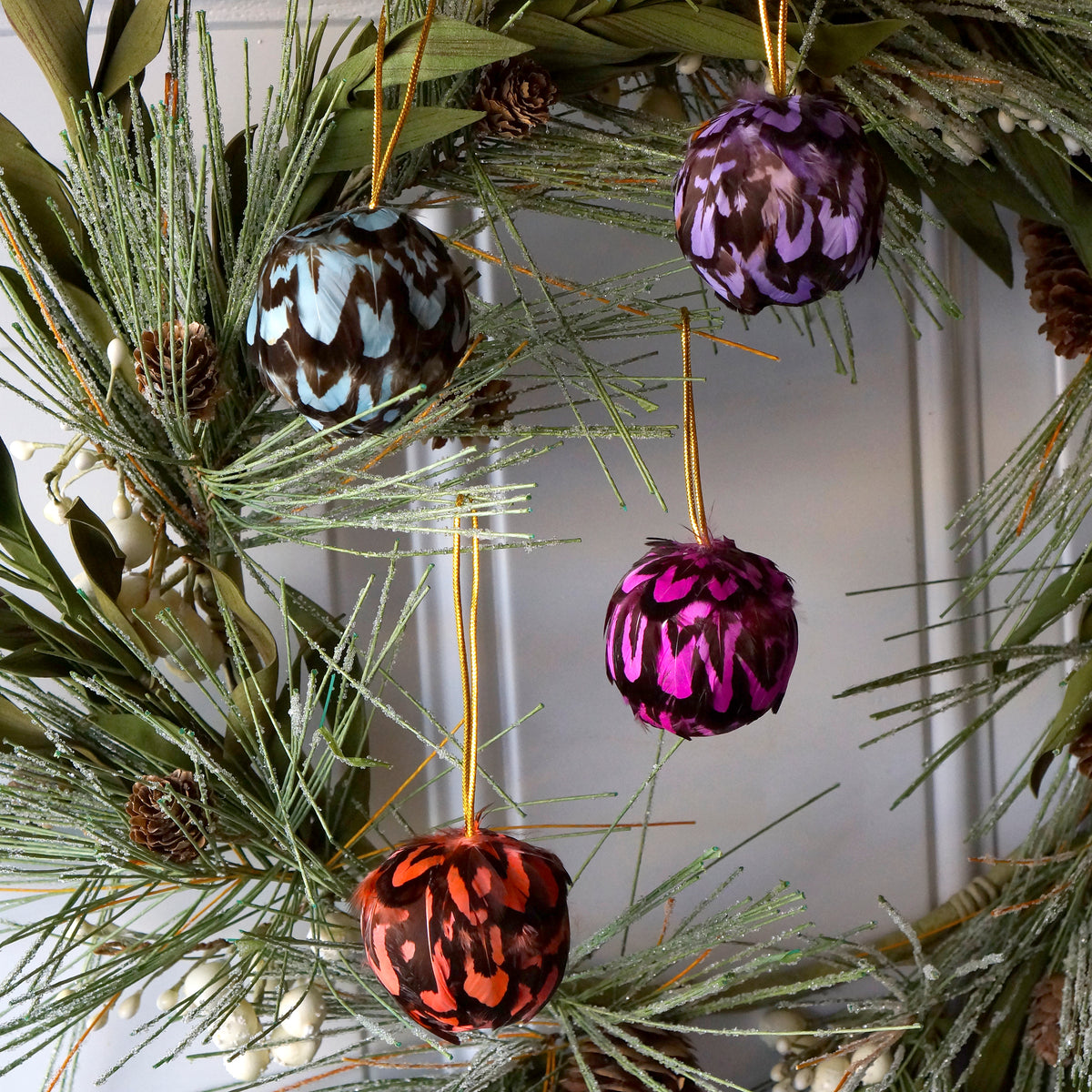 Venery Feather Ornament - Dyed 2" ball Coral