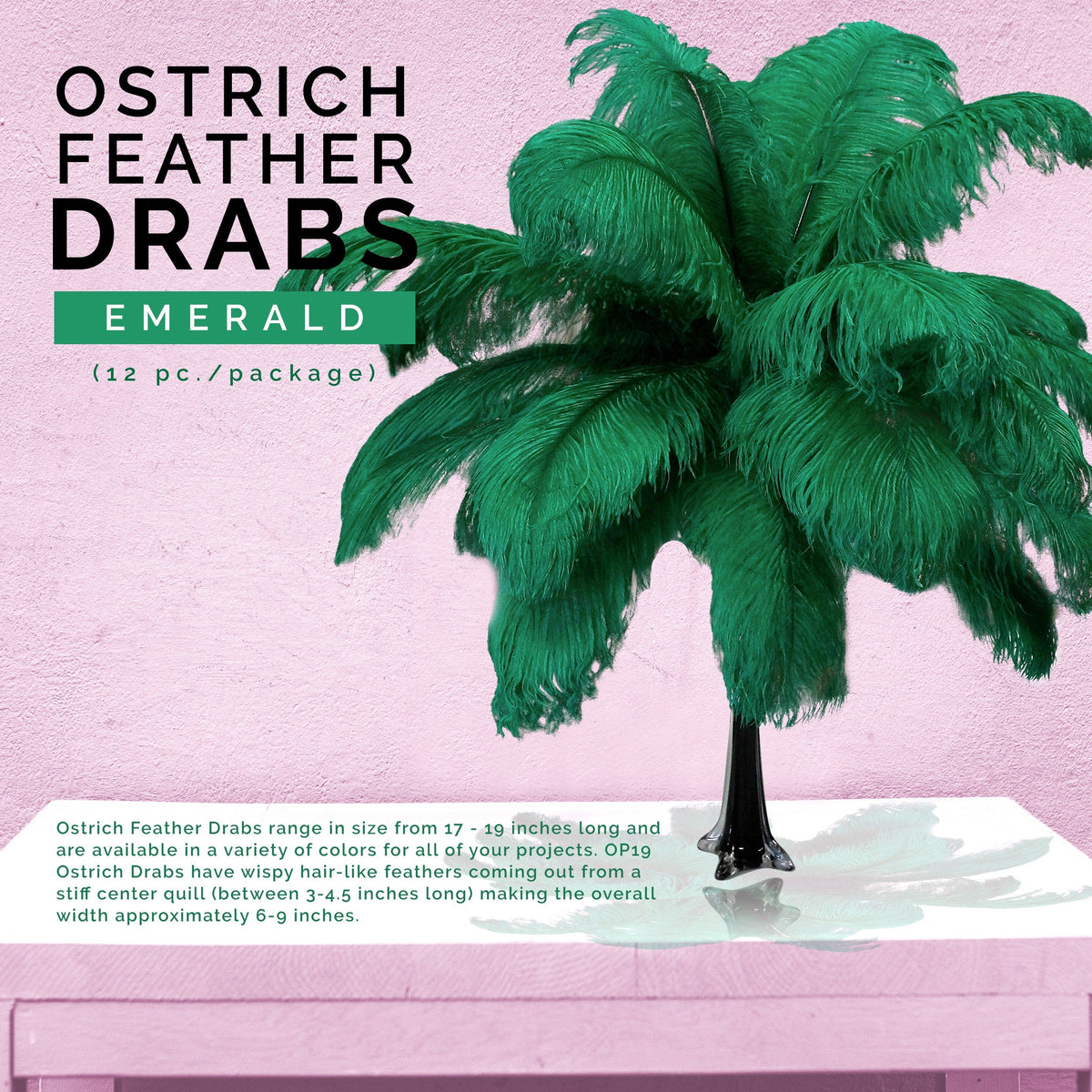 Ostrich Feather Drabs - 17-19" 12pcs - Emerald