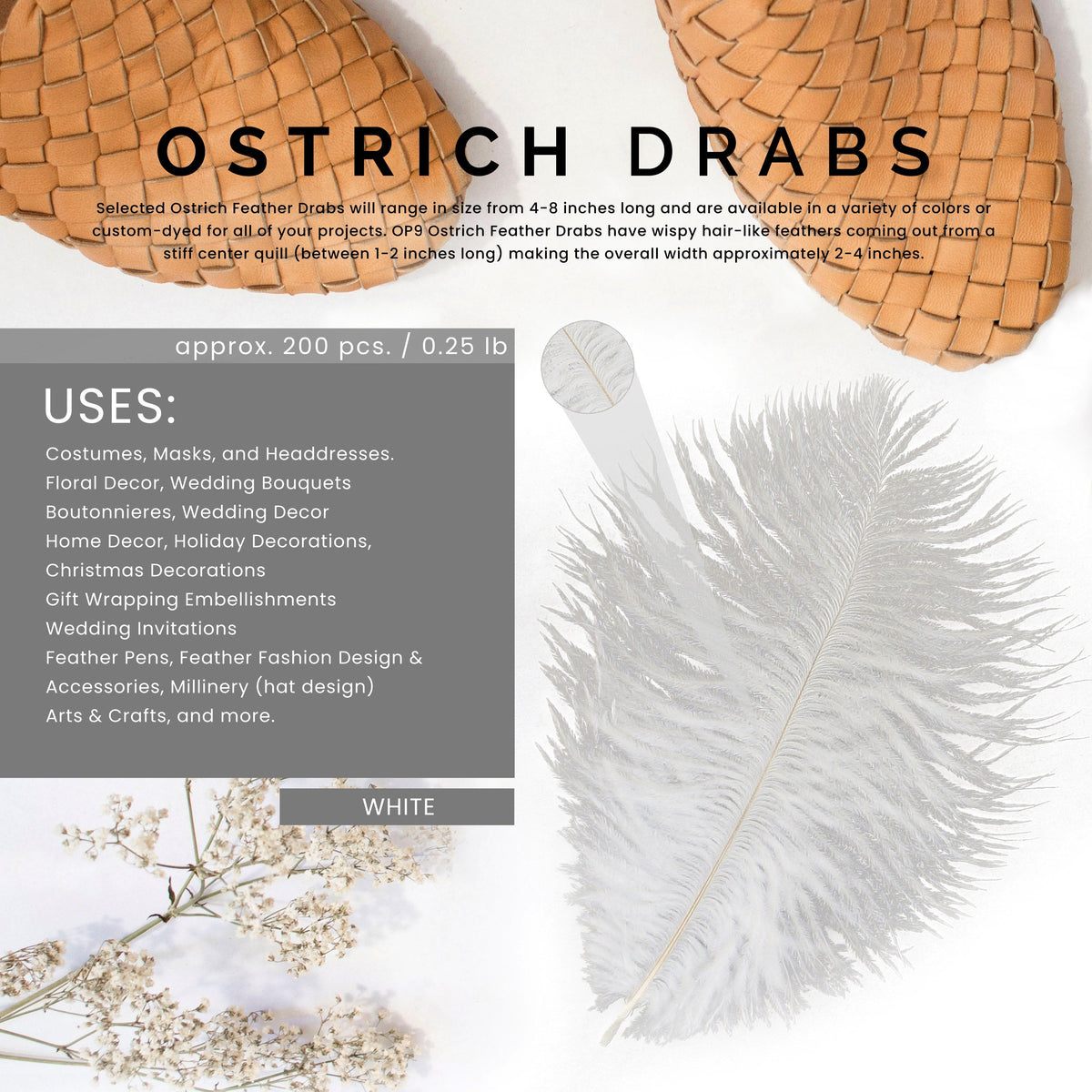 Bulk Feather Ostrich Drabs - 4-8" 1/4 lb White