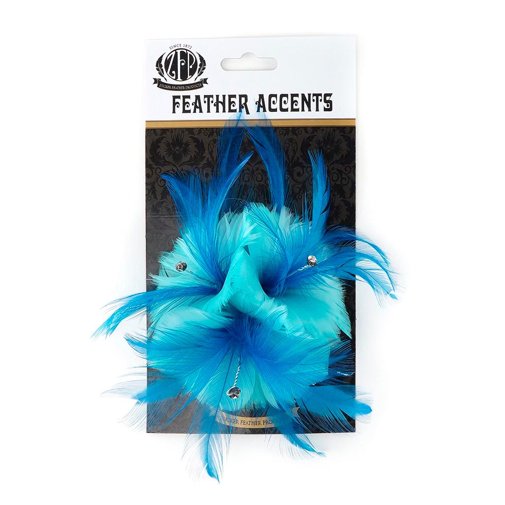 Feather Corsage-Coquille-Hackle-Jewel - Lt Turq/Dk Turq