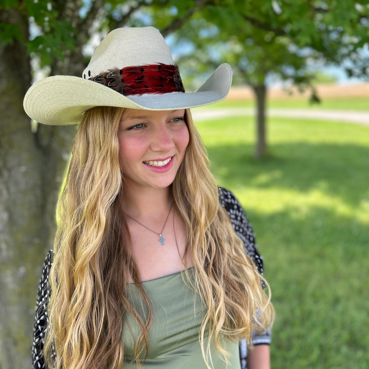 Natural Dark Heart, Blue Almond, and Almond Pheasant Feather Hat Band