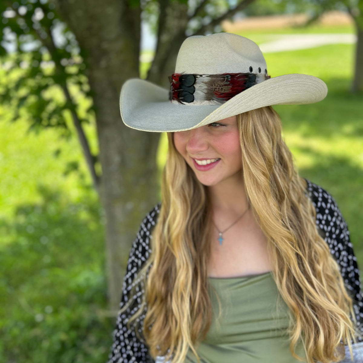Natural Bronze Lady Amherst, Dark Heart and Blue Almond Pheasant Feather Hat Band