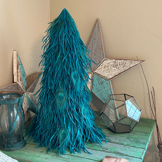 Goose Biot Tree 24" w/Bleach Peacock Eye Dk Aqua - On Wood Frame
