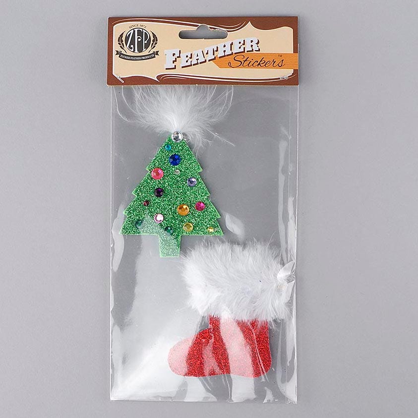 Glitter Tree & Boot Stickers w/Marabou 2 pc - K/R/W