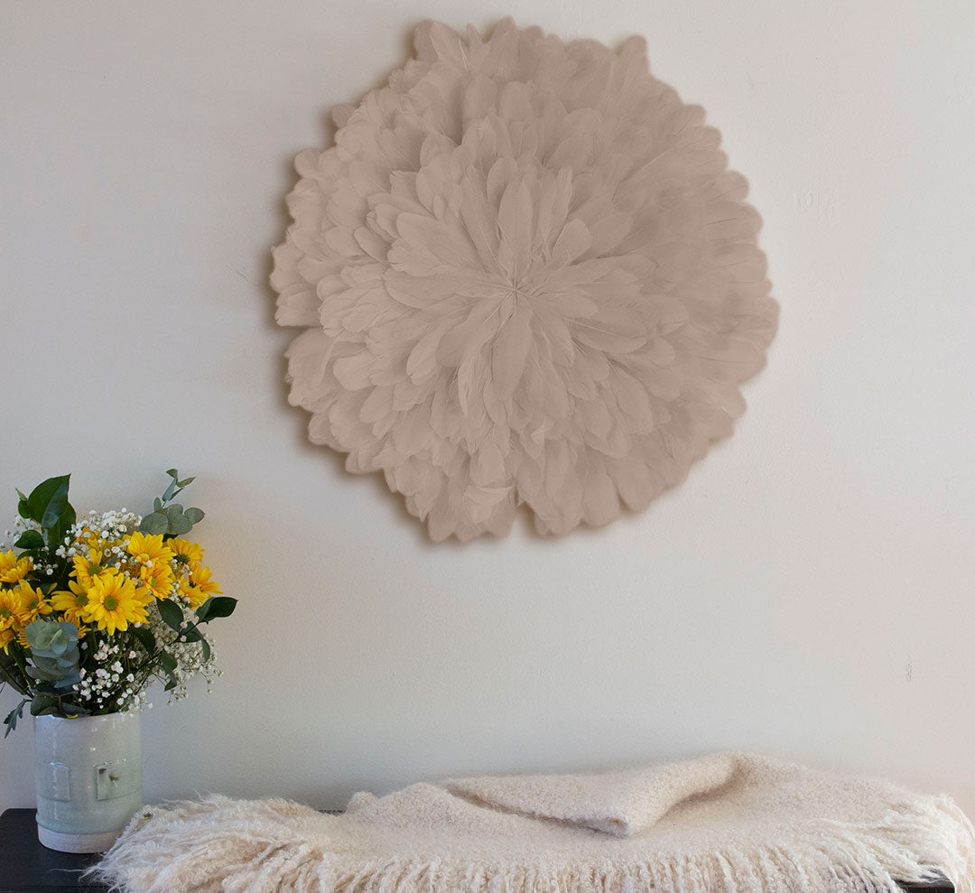Unique Decorative Feather Wall Art Inspired by African JuJu Hats - Beige
