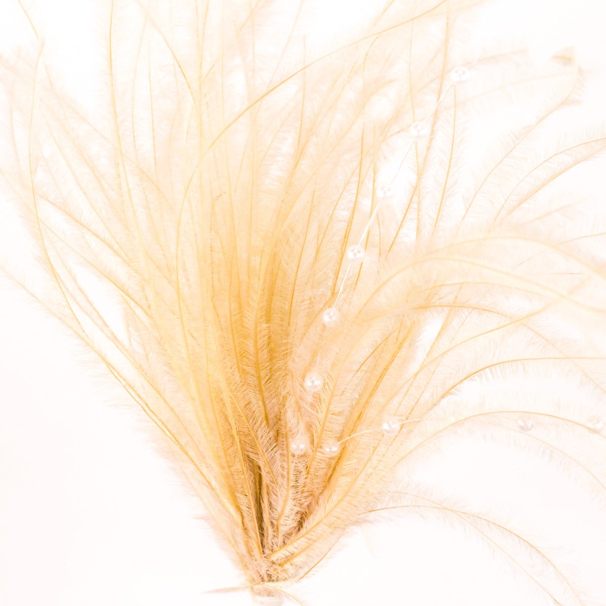 Feather Floral Pick w/Ostrich - Pearls-Beige