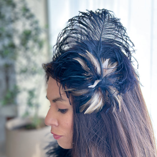 Black and Beige Ostrich Feather Hair Pin Fascinator