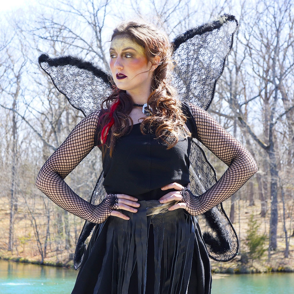 Black Angel Wing Adult Costume - Large Fairy Lace and Feather Wings Halloween or Cosplay