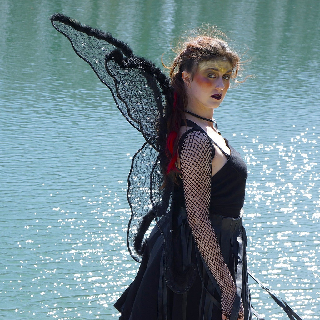 Black Angel Wing Adult Costume - Large Fairy Lace and Feather Wings Halloween or Cosplay