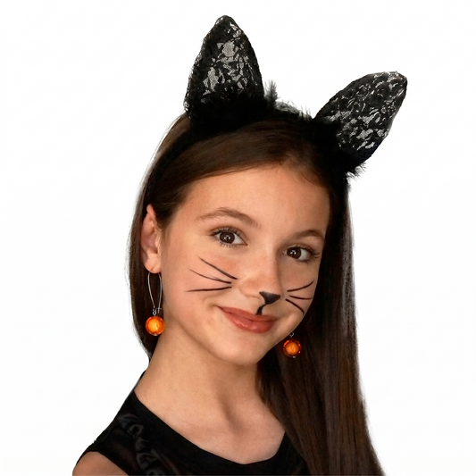 Feather and Lace Cat Ears Headband - Black