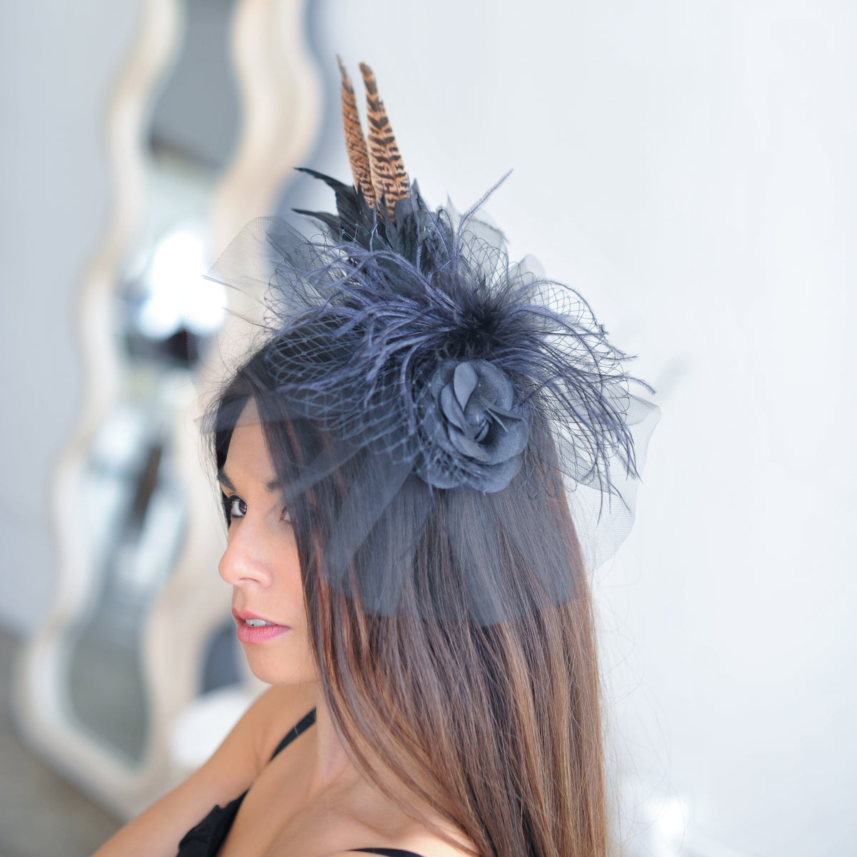 Blair Black Ostrich and Natural Pheasant Feather Fascinator