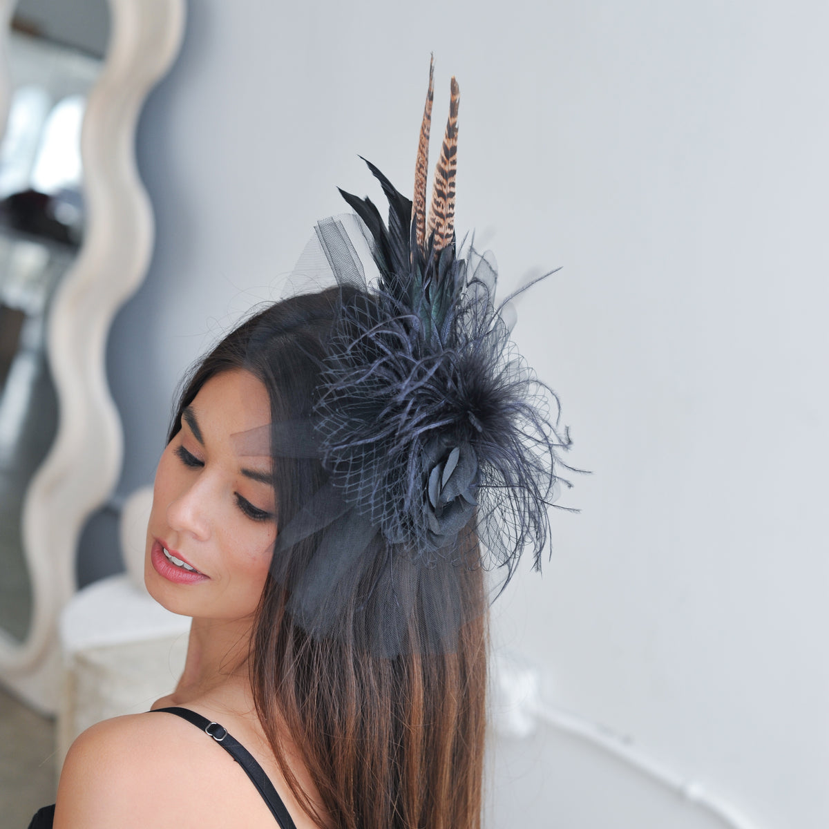 Blair Black Ostrich and Natural Pheasant Feather Fascinator