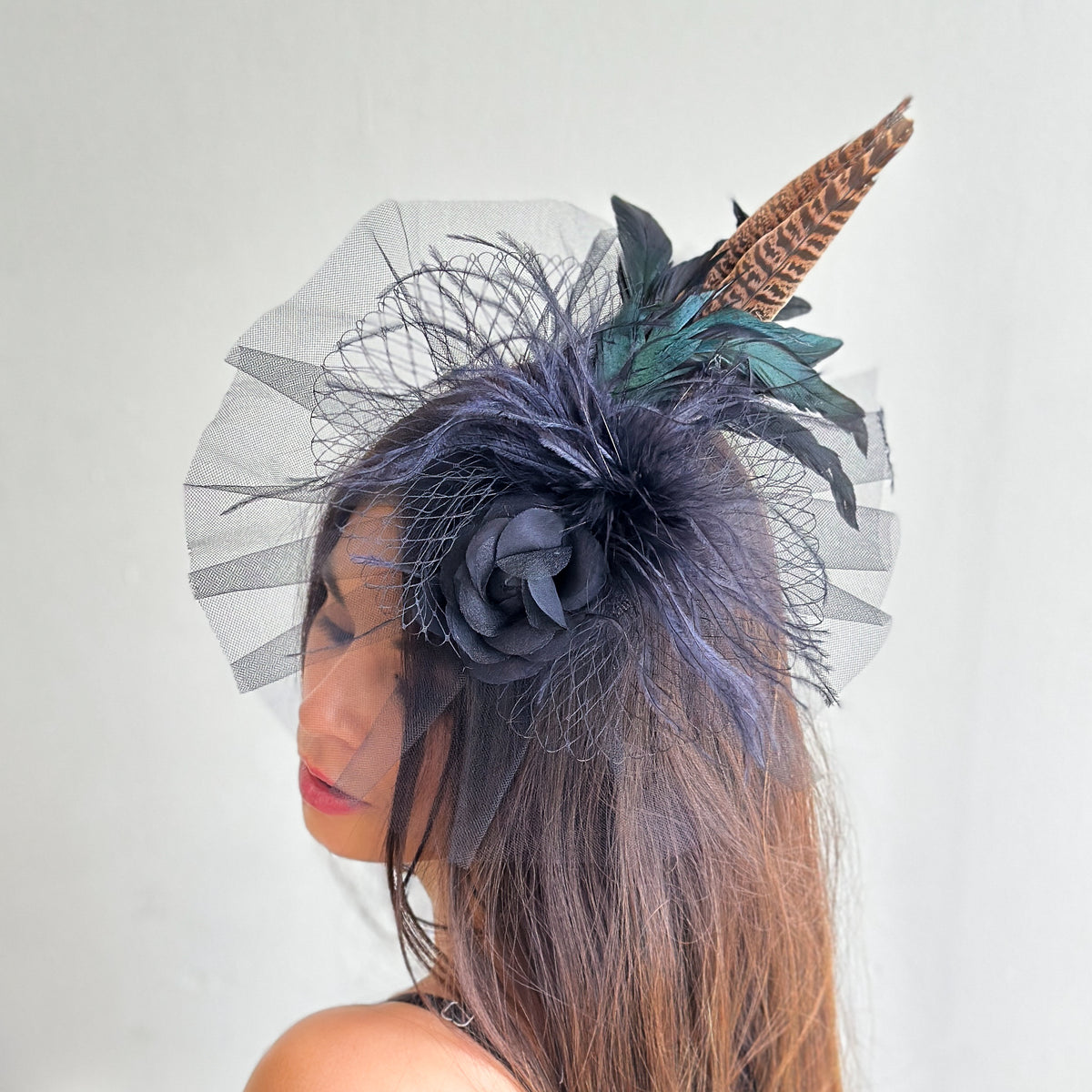 Blair Black Ostrich and Natural Pheasant Feather Fascinator
