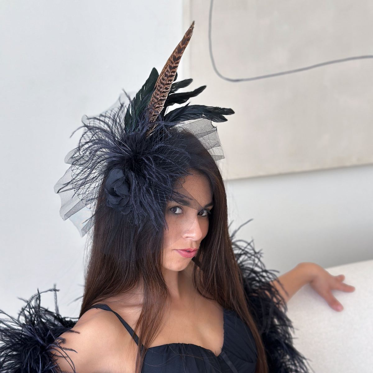 Blair Black Ostrich and Natural Pheasant Feather Fascinator