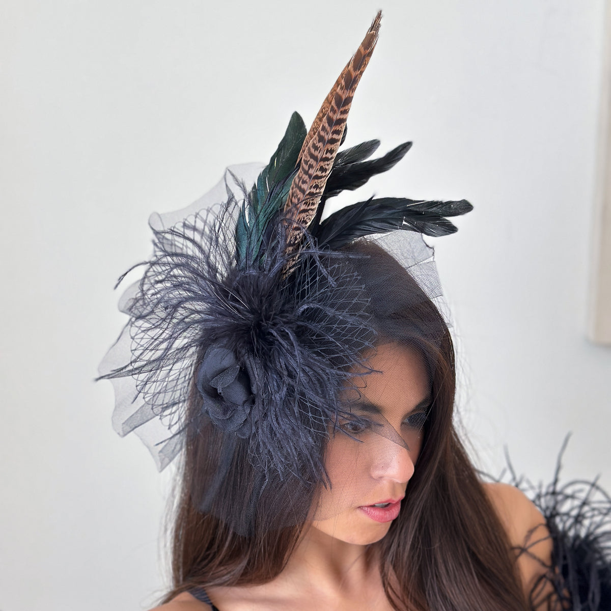 Blair Black Ostrich and Natural Pheasant Feather Fascinator