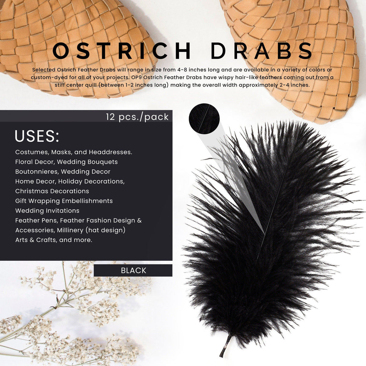 Ostrich Feathers 4-8" Drabs - Black
