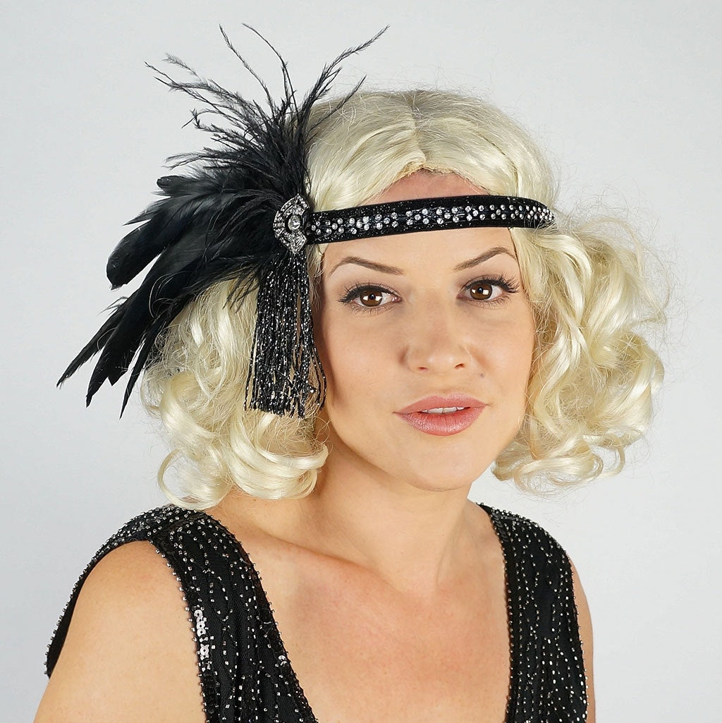 Art Deco Style Feather Headband - Black