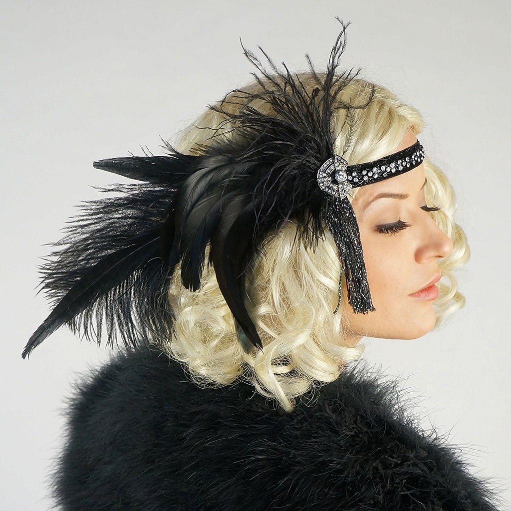 Art Deco Style Feather Headband - Black