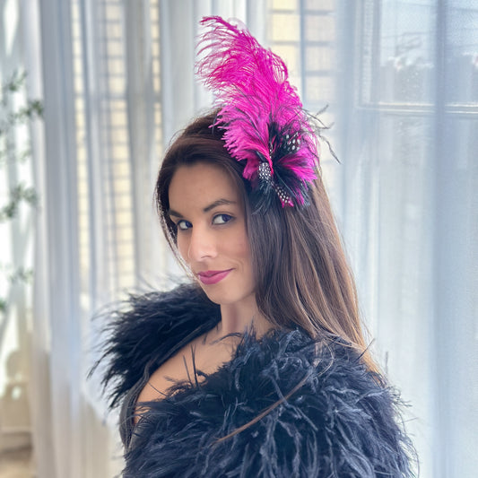 Hot Pink Ostrich and Black and White Polka Dot Feather Hair Pin