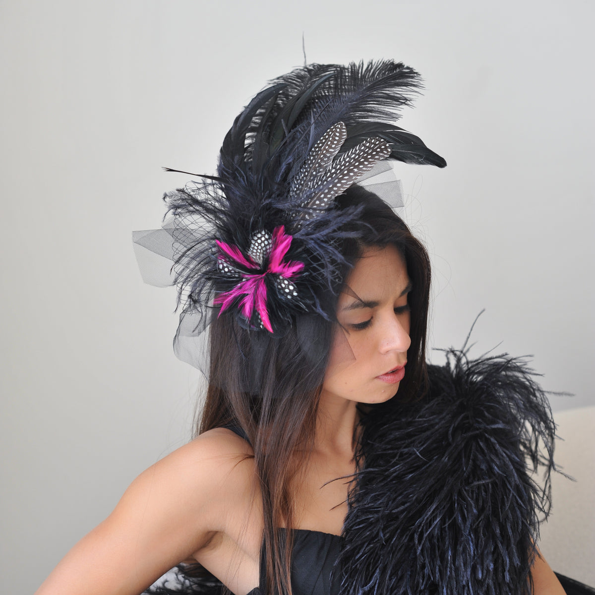 Blair Black and Hot Pink Ostrich Feather Fascinator