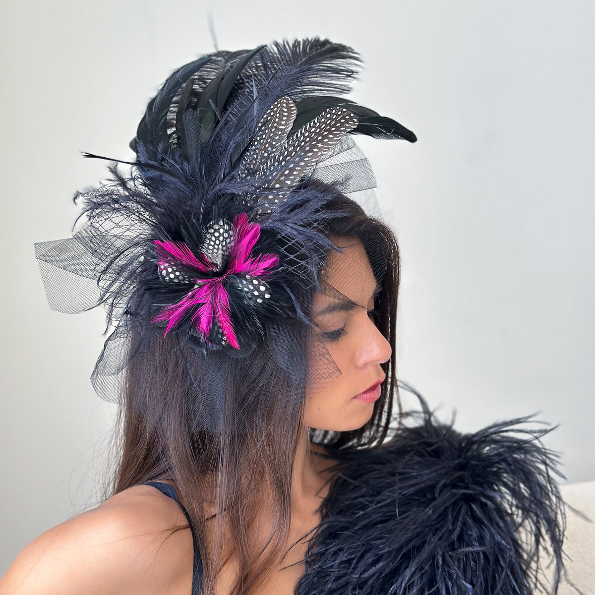 Blair Black and Hot Pink Ostrich Feather Fascinator