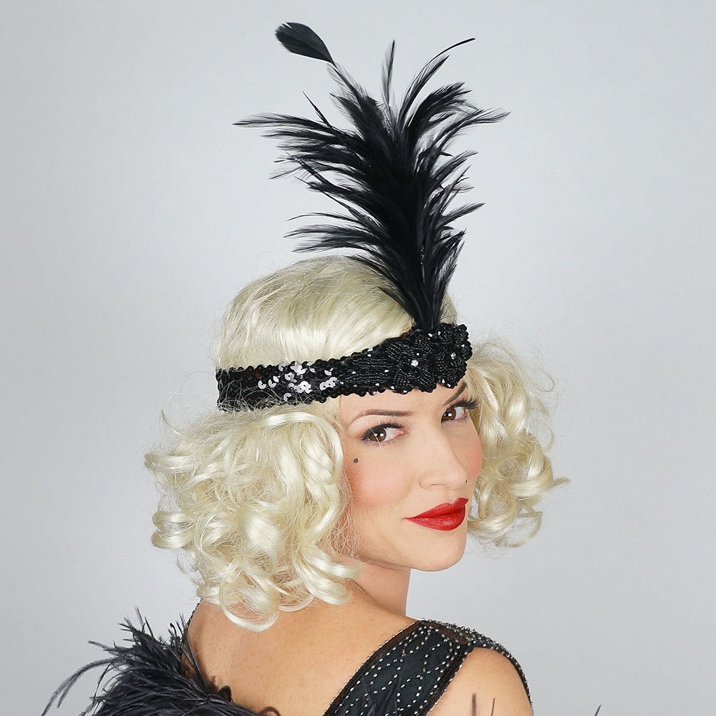 Flapper Headband w/Feather Spray - Black and Silver