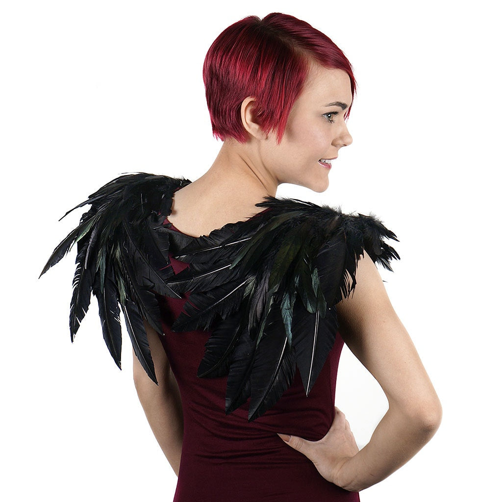 Gothic Crow Costume Feather Wings - Black Over the Shoulder Feather Fairy Wings for Unique Cosplay and Halloween Costume Accessories.