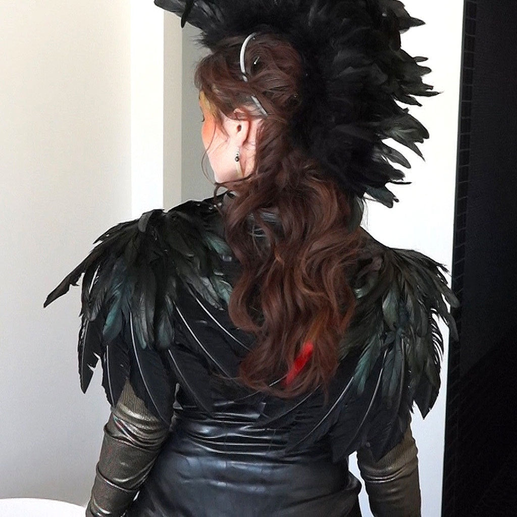 Gothic Crow Costume Feather Wings - Black Over the Shoulder Feather Fairy Wings for Unique Cosplay and Halloween Costume Accessories.