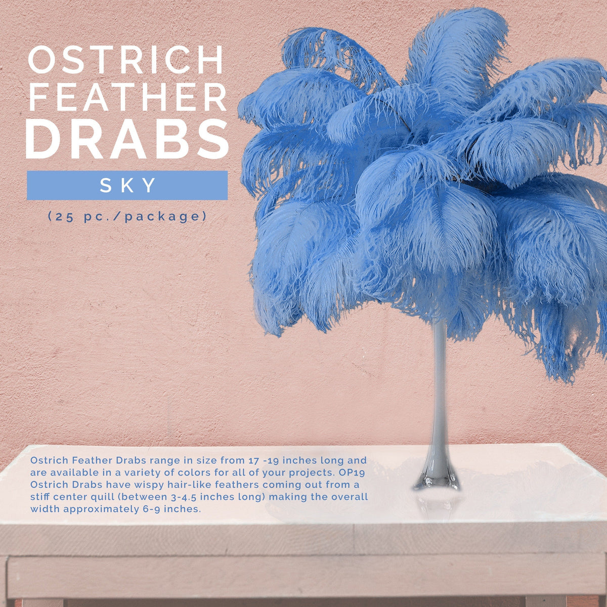 Large Ostrich Feathers - 17"+ Drabs - Sky