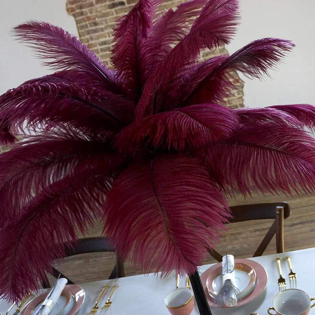 Ostrich Eiffel Tower Centerpiece Burgundy With Black Vase