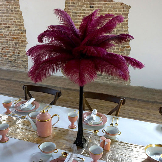 Ostrich Eiffel Tower Centerpiece Burgundy With Black Vase