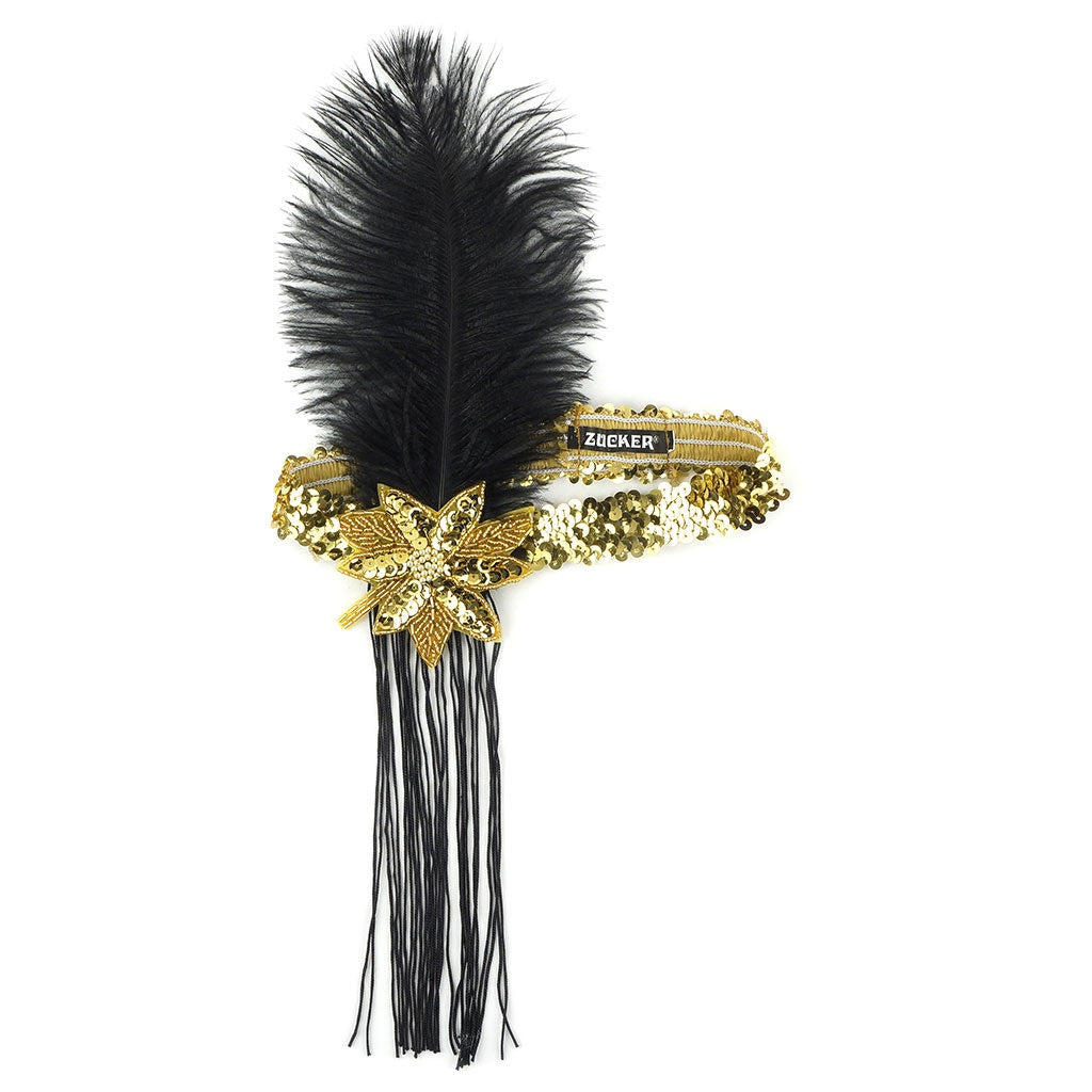 Flapper Feather Headband w/Tassel - Gold and Black
