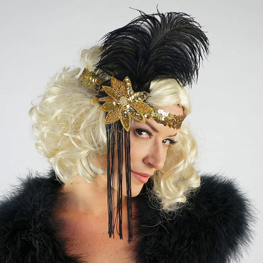Flapper Feather Headband w/Tassel - Gold and Black