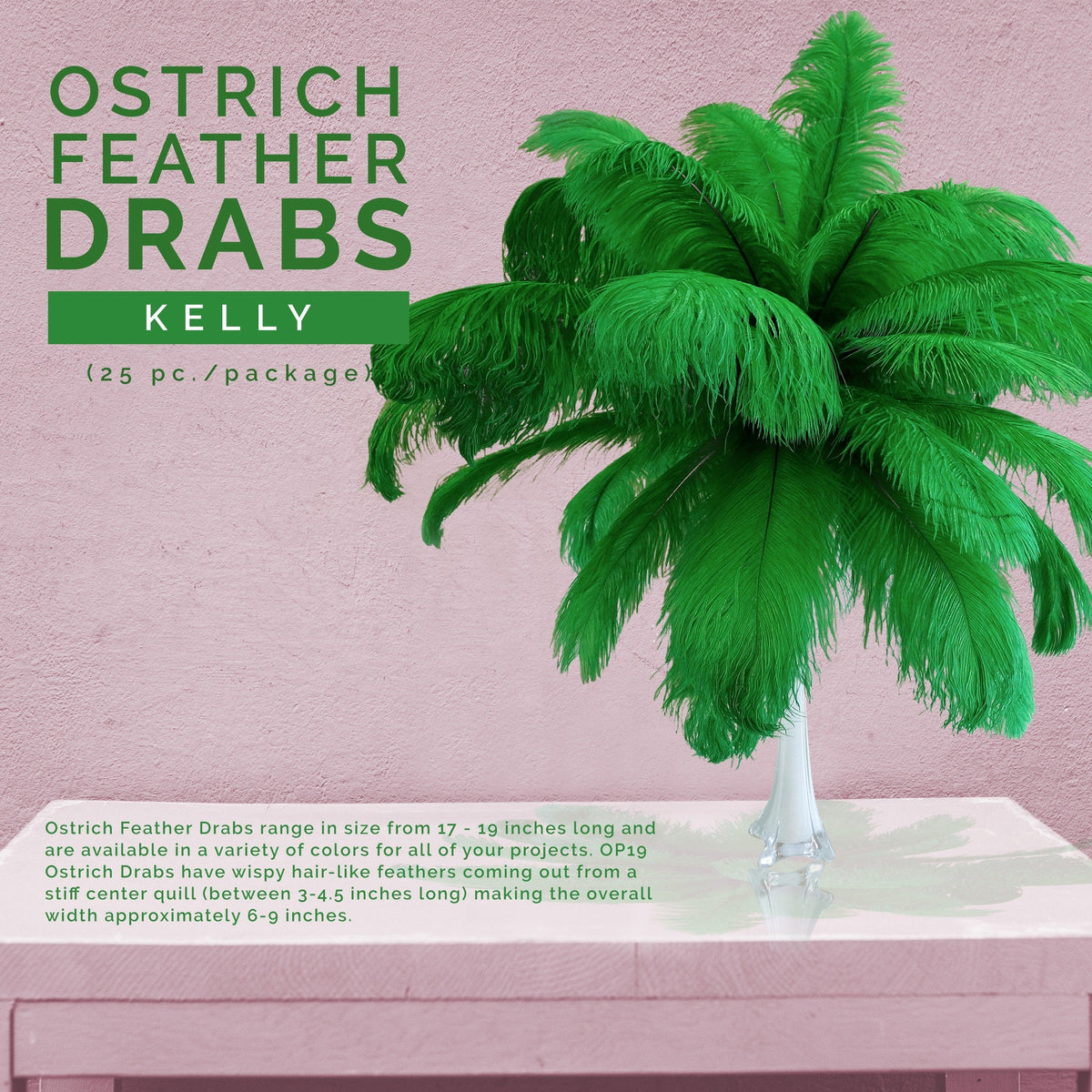 Large Ostrich Feathers - 17"+ Drabs - Kelly