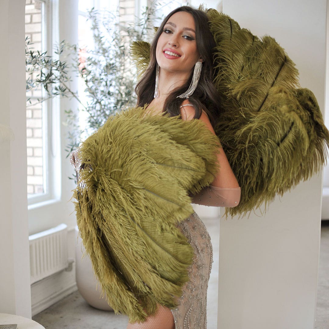 Ostrich Fan with Prime Ostrich Femina Feathers - Olive