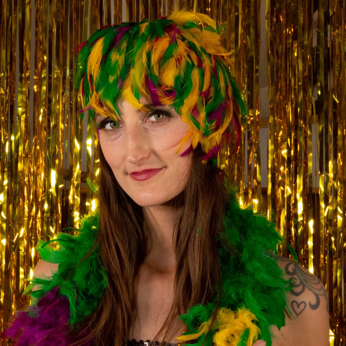 Mardi Gras Feather Wig - Gold-Kelly-Purple