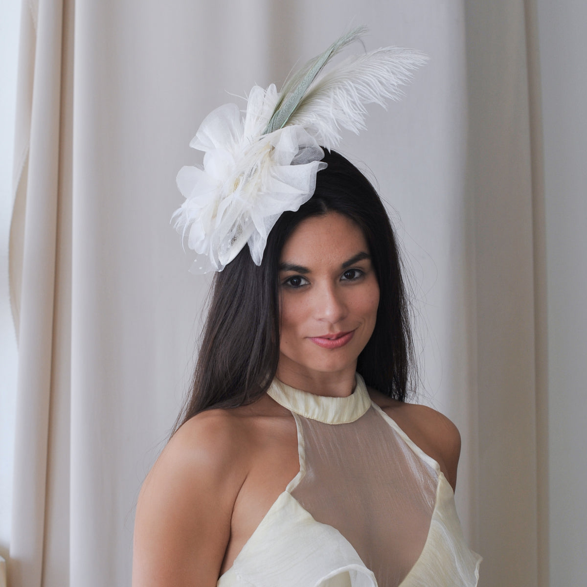Clara Celadon and Ivory Ostrich Feather Fascinator