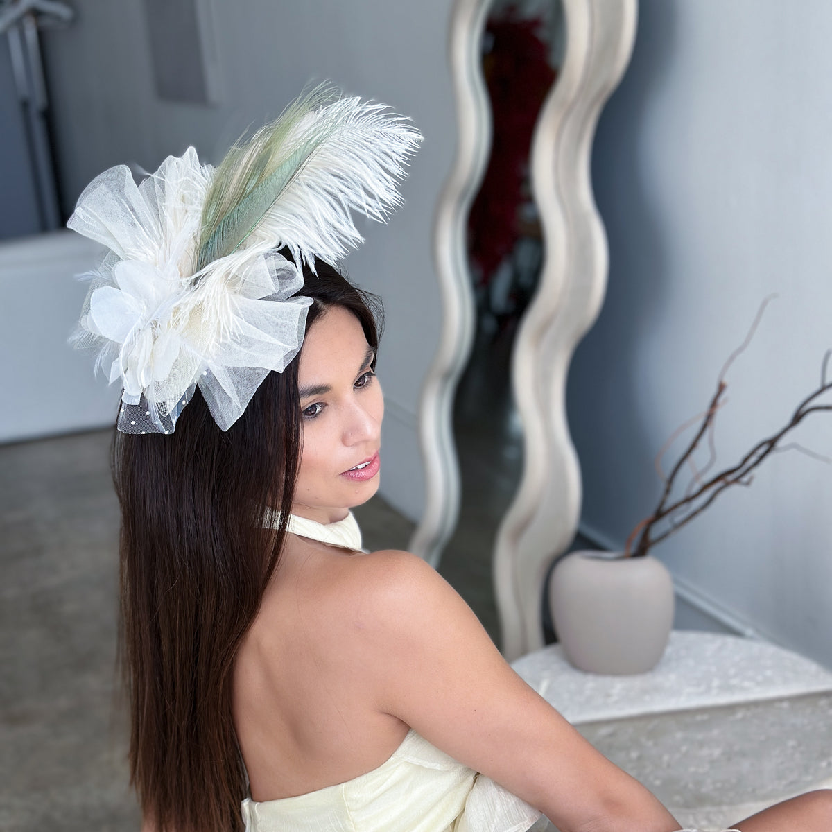 Clara Celadon and Ivory Ostrich Feather Fascinator