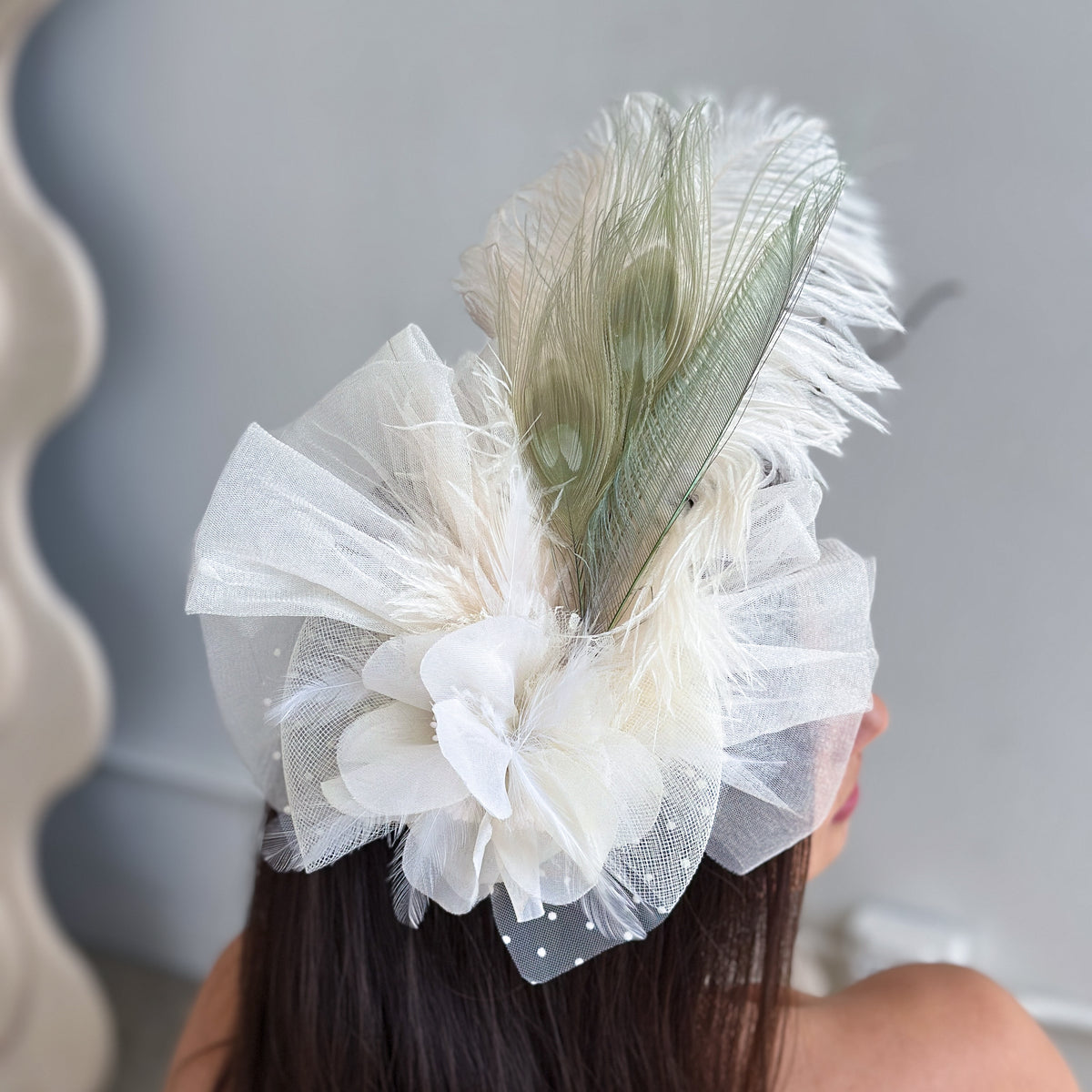 Clara Celadon and Ivory Ostrich Feather Fascinator