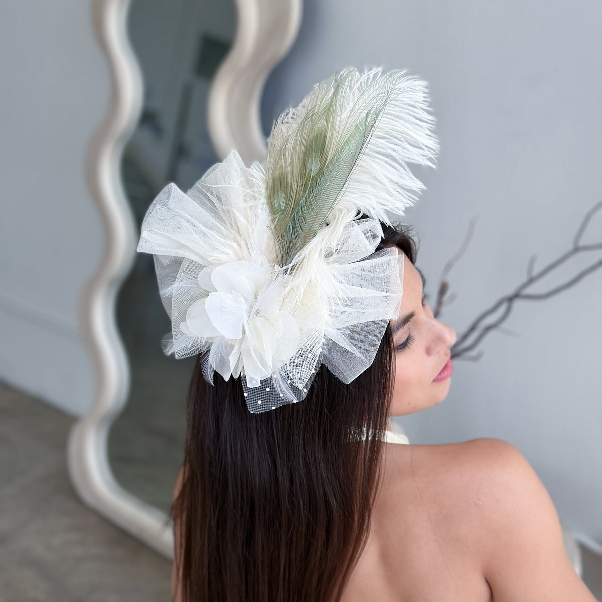 Clara Celadon and Ivory Ostrich Feather Fascinator