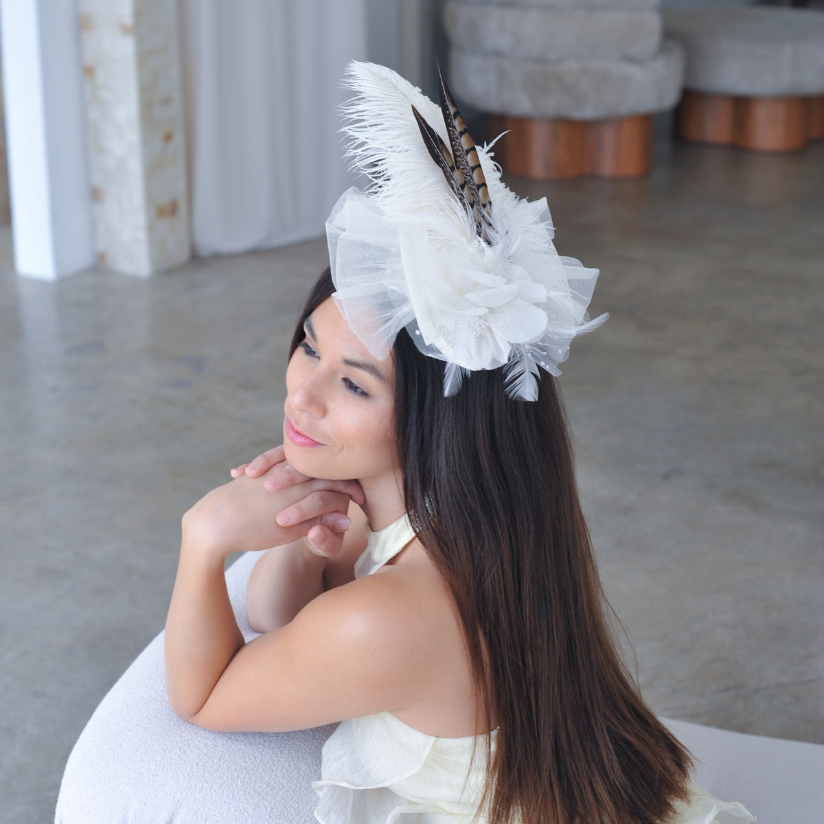 Clara Natural Pheasant and Ivory Ostrich Feather Fascinator