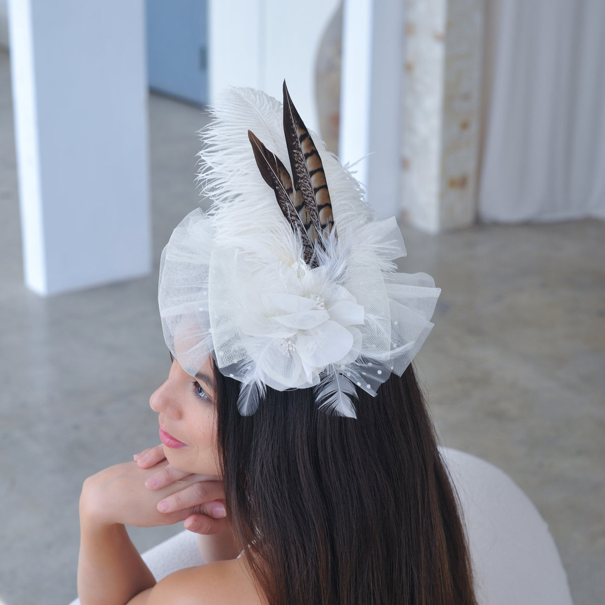 Clara Natural Pheasant and Ivory Ostrich Feather Fascinator