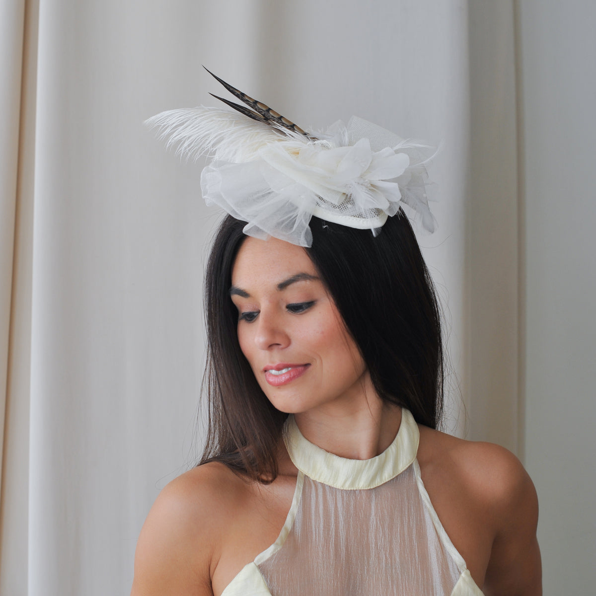 Clara Natural Pheasant and Ivory Ostrich Feather Fascinator