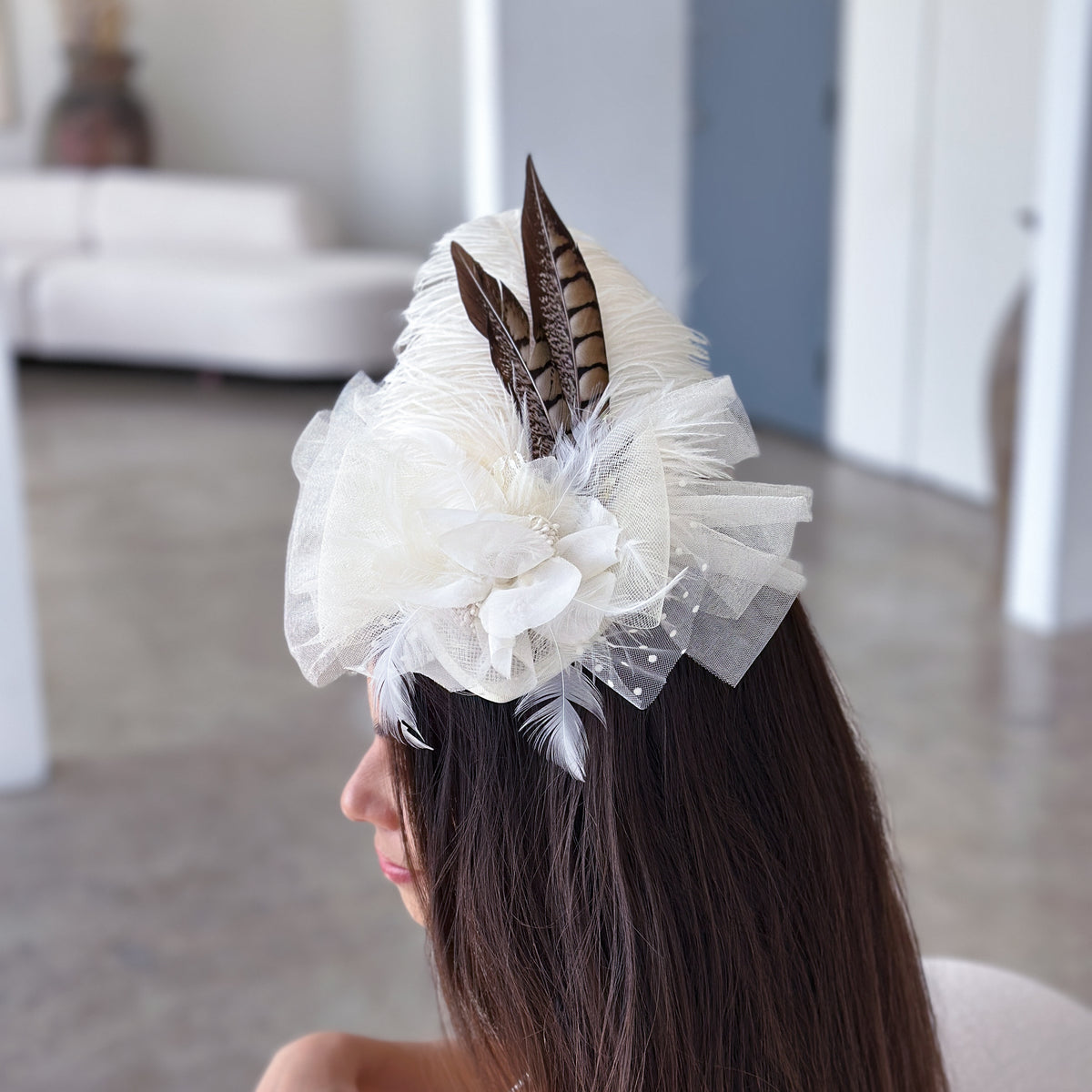 Clara Natural Pheasant and Ivory Ostrich Feather Fascinator