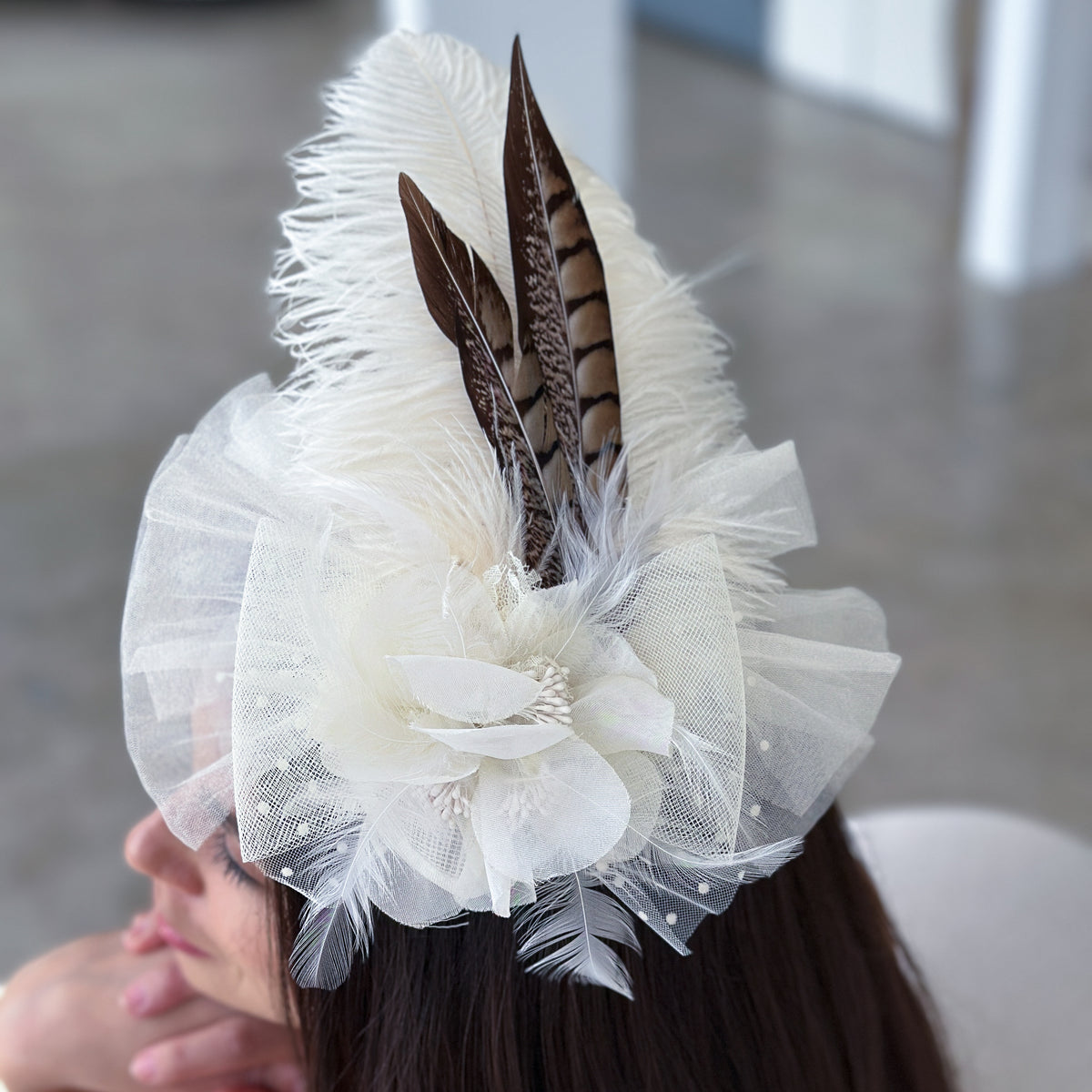 Clara Natural Pheasant and Ivory Ostrich Feather Fascinator
