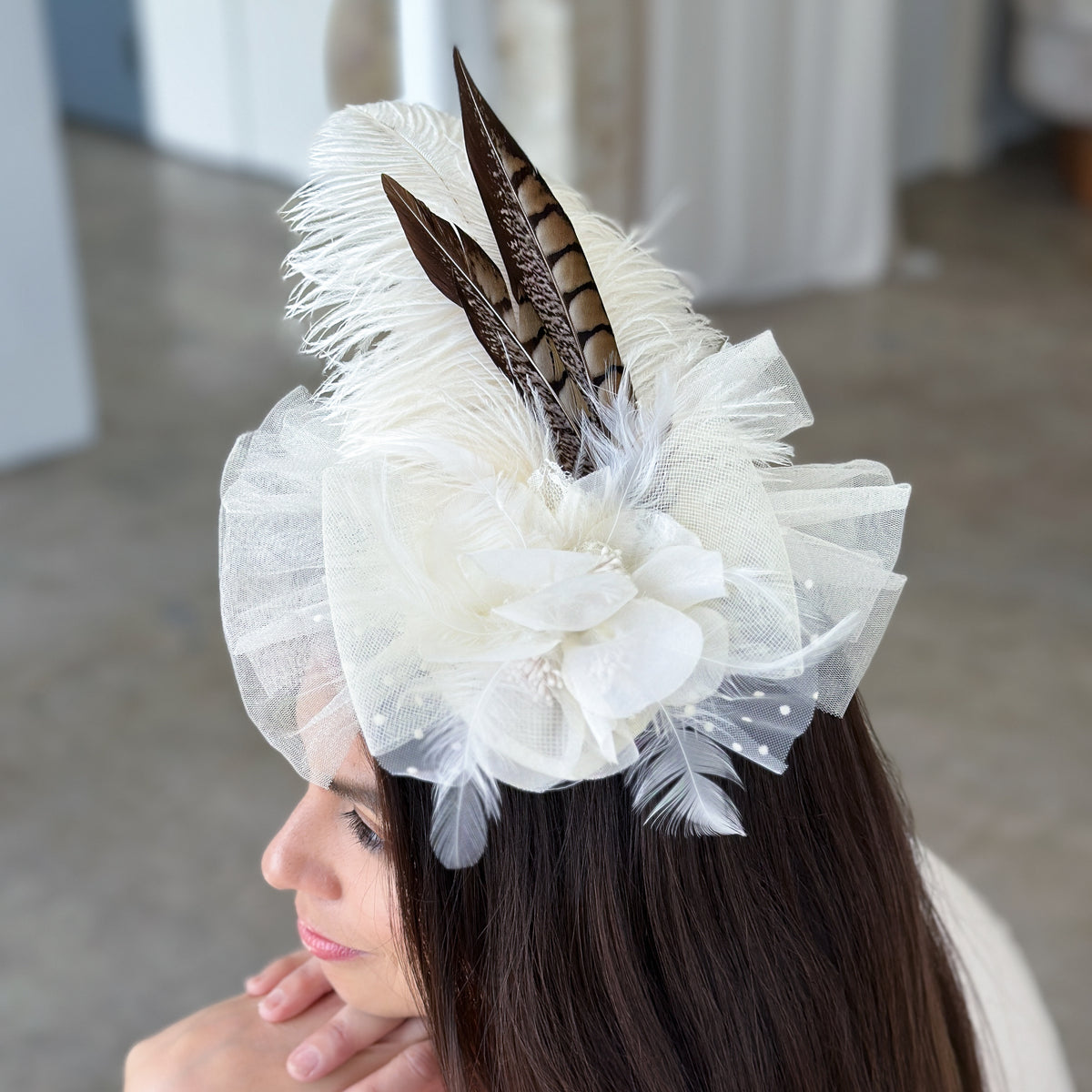 Clara Natural Pheasant and Ivory Ostrich Feather Fascinator