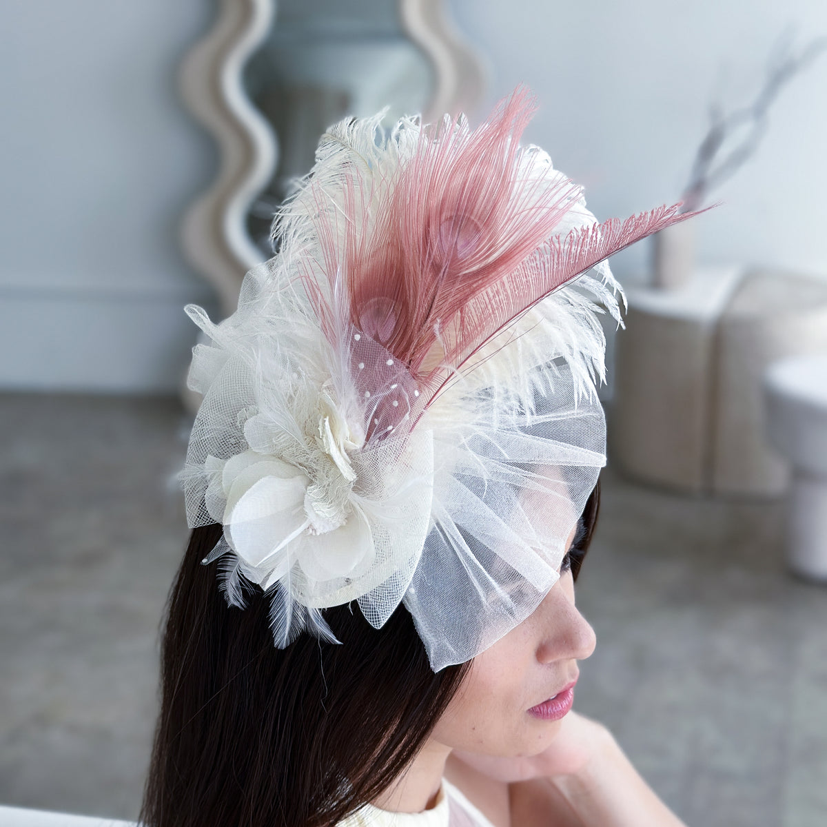 Clara Rose Gold and Ivory Ostrich Feather Fascinator