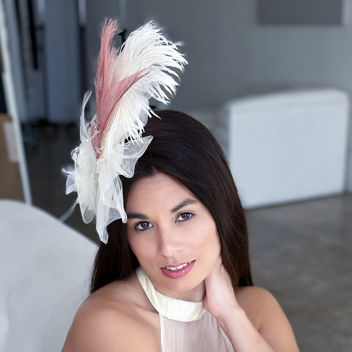 Clara Rose Gold and Ivory Ostrich Feather Fascinator